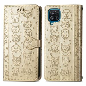 Peňaženkové puzdro Embossing Pattern Pes a Mačka zlaté – Samsung Galaxy A12 / M12