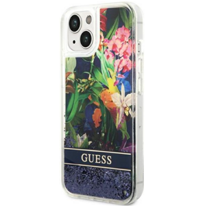 Plastové puzdro Guess na Apple iPhone 14 GUHCP14SLFLSB Flower Liquid Glitter modré